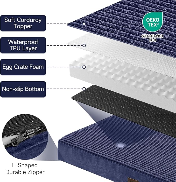 OhGeni Orthopedic Waterproof & Machine Washable Dog Bed for Large Pets, Suitable for Crates, Cat Mat with 25D Egg Crate Foam, Non-Slip Bottom & Removable Cover, 41 Inches(Navy)