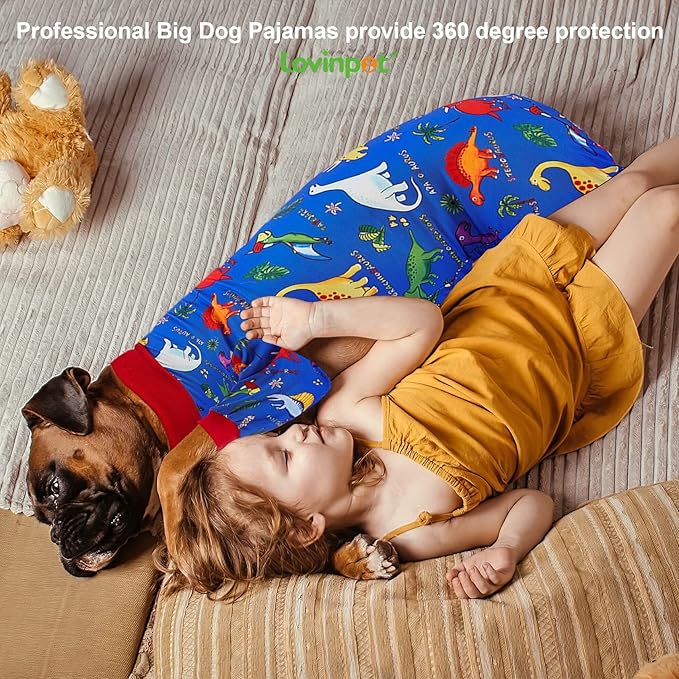 LovinPet Pitbull Large Dog Clothes, Wound Care/Post Surgery Dog Clothes, Lost World Dinosaurs Print, UV Protection, Pet Anxiety Relief, Large Dog Onesies, Pet PJ's/Medium