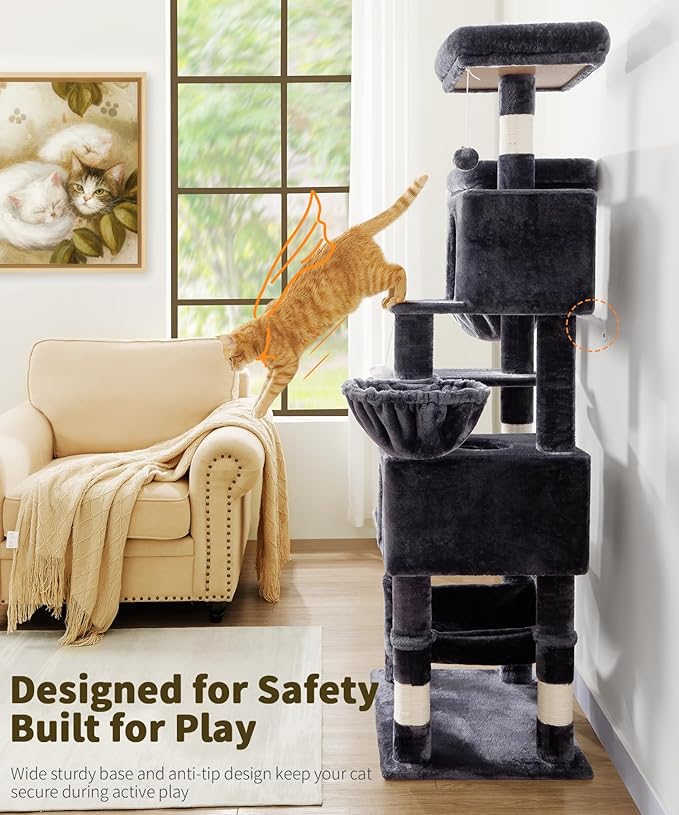 AMHANCIBLE Tall Cat Tree, 70 Inch Cat Tower for Indoor Cats, Multi-Level Cat Tree with Scratching Post, Hammock, Hanging Basket, Large Cat Condos for Adult Cats Kittens, Dark Grey, PT18DG