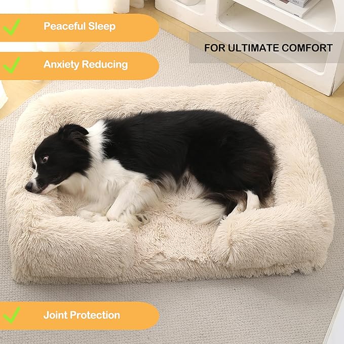 Orthopedic Dog Bed for Large Dogs - Washable Memory Foam Pet Sofa, Fluffy Plush Rectangular Bed, Waterproof Anti-Anxiety Couch, Light Brown, L