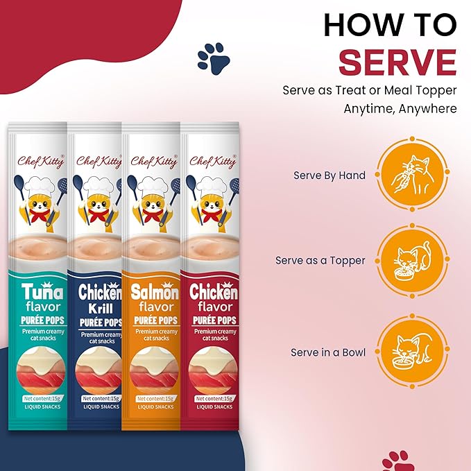 Chef Kitty Purée Pops, Cat Treats, Grain-Free, Lickable, Squeezable Creamy Cat Treat/Topper with Vitamin E & Taurine, 0.5 Ounces Each Tube, 20 Tubes, Chicken and Seafood Mix Variety
