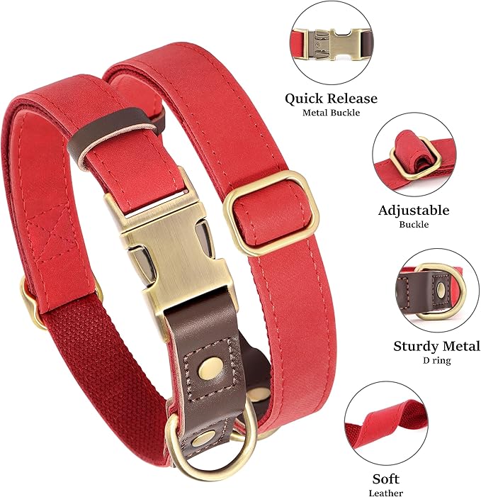 Didog Soft PU Leather Dog Collar for Large Dogs,Classic Adjustable Wide Dog Collars with Quick Release Metal Buckle,Easy Clean and Comfortable with Nylon Lining,Red,XL Neck 17-26", Width 1¼''