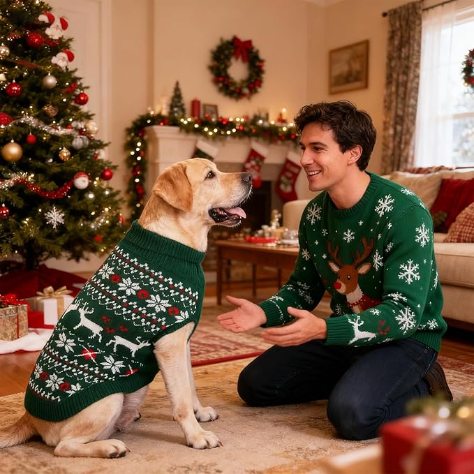 KOOLTAIL Dog Christmas Sweater, Cold Weather Pullover Classic Knitwear, Reindeer Snowflake Pattern Thick Warm Winter Pet Clothes, Cable Knit Sweaters for Small Medium Large Dogs Boy Girl, Green XL