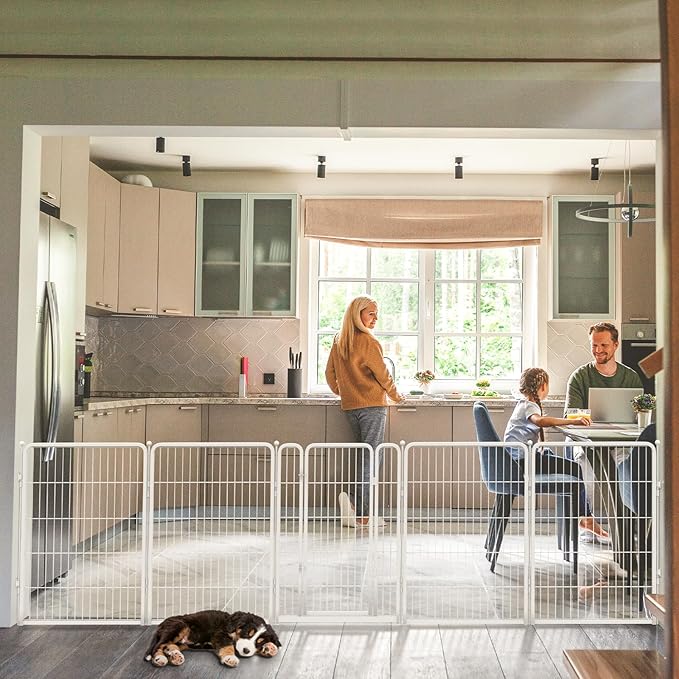 FXW Dog Gate Extra Wide Designed for Indoor Use, Adjustable Width Up to 219-inch Wide (40" H 8 Wire Panels for Medium and Large Dogs), White