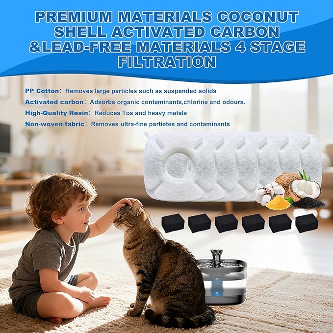 8Pcs Cat Fountain Replacement Filters,8Pack Cat Water Fountain Replacement Filters with 8Pack Pre-Filter Sponges, Pet Fountain Filter Fit for 95oz/2.8L Automatic Pet Fountain Cat Water Fountain