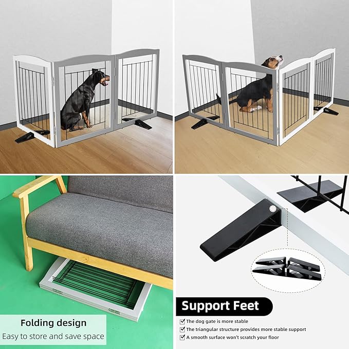 ZJSF Freestanding Dog Fence Indoor, Foldable Dog Gate for Doorways, Stairs or Hallways, Sturdy Wood Extra Wide Pet Gate with Support Feet for The House, Grey, 32 "Height-3 Panels