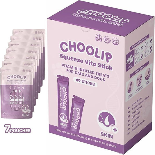 Choolip Squeeze Vita Stick Lickable Cat and Dog Treats – 49-Count Skin Support Sticks with Multivitamins, Soft Squeezable Paste for All Life Stages, Supporting Skin Health - Box with 7 Pouches
