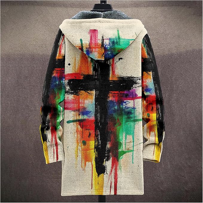 MARSVOVO Cool Hippie Long Cardigan Hoodies for Men Zipper Fleece Lined Knit Coat Skull Animal Print Graphic Jackets