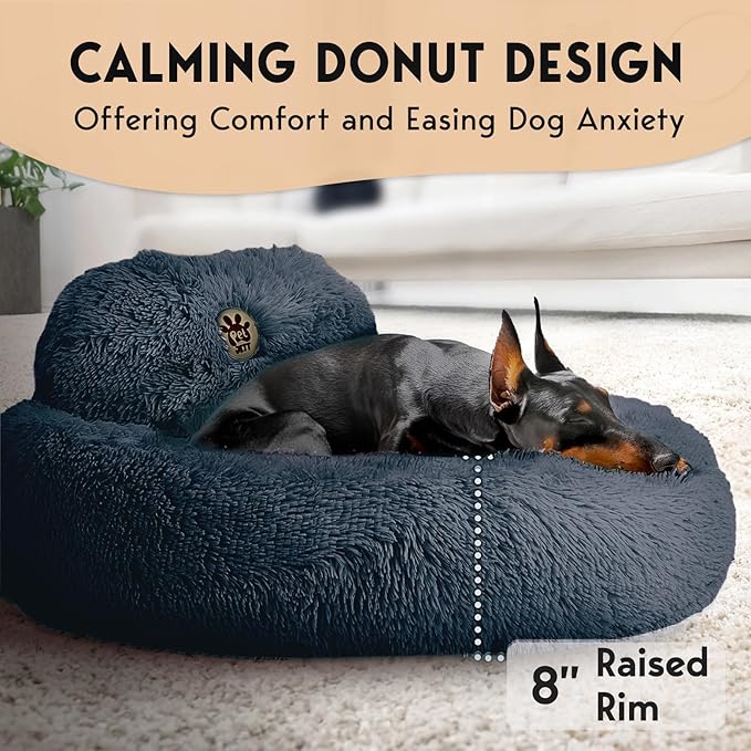 PetJett Calming Dog Beds Large Sized Dog - 36'' Round Bed, Anti-Slip & Washable Super Soft Donut Bed, Fluffy Faux Fur Anti-Anxiety Premium Comfort Pet Bed, Fits Dogs up to 100 lbs - Dark Grey