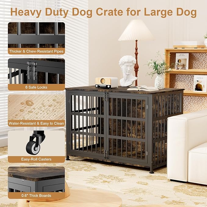 46" Dog Crate Furniture with Wheels, XXL Heavy Duty Dog Kennel Indoor for XL Dogs, Metal Chew-Proof Dog Cage, 45.9" L x 27.6" W x 32.4" H, Decorate House as TV Stand, End Table — Rustic Brown