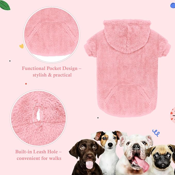Dog Sweaters for Large Dogs,Dog Hoodie,Warm Fuzzy Fleece Sweatshirt with Hood & Pocket,Leash Hole,Cozy Cold Weather Pet Clothes Sweater Hoodie for Large Dogs(Pink,2XL)