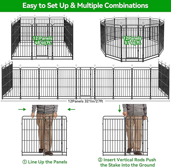Dog Fence Outdoor 12 Piece Panels 47" Height, Square Steel Pipe with Reinforced Crossbars, Anti-Rust Heavy Duty Dog Playpen with Doors Portable for Yard RV Camping, Total 27FT, 57 Sq.ft, Snowy Black