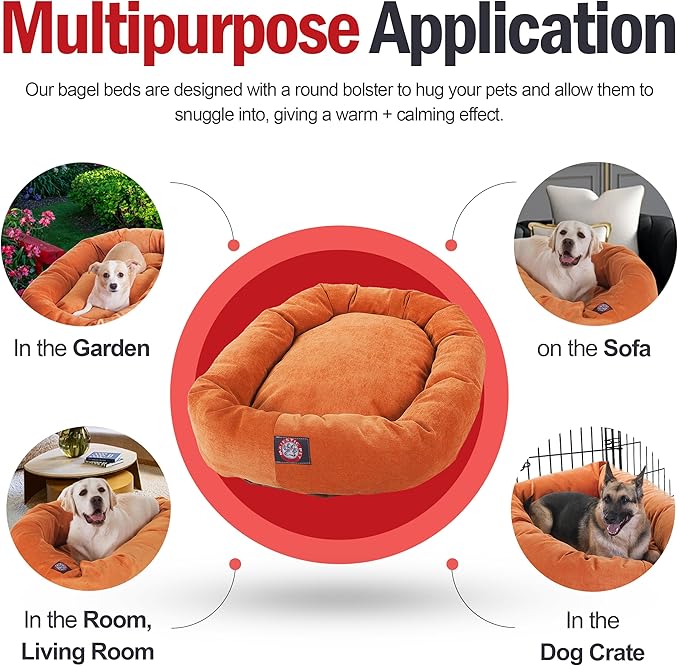 Majestic Pet 32 Inch Micro Velvet Calming Dog Bed Washable – Cozy Soft Round Dog Bed with Spine for Head Support - Fluffy Donut Puppy Mat 32x23x7 (inch) Medium – Orange (2025)