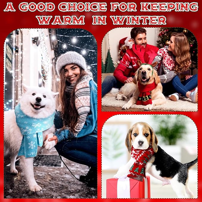 4 Pcs Christmas Knitted Dog Scarf for Medium Large Dogs, Christmas Dog Bandanas Warm Winter Holiday Decoration Scarf Pet Costume Accessories