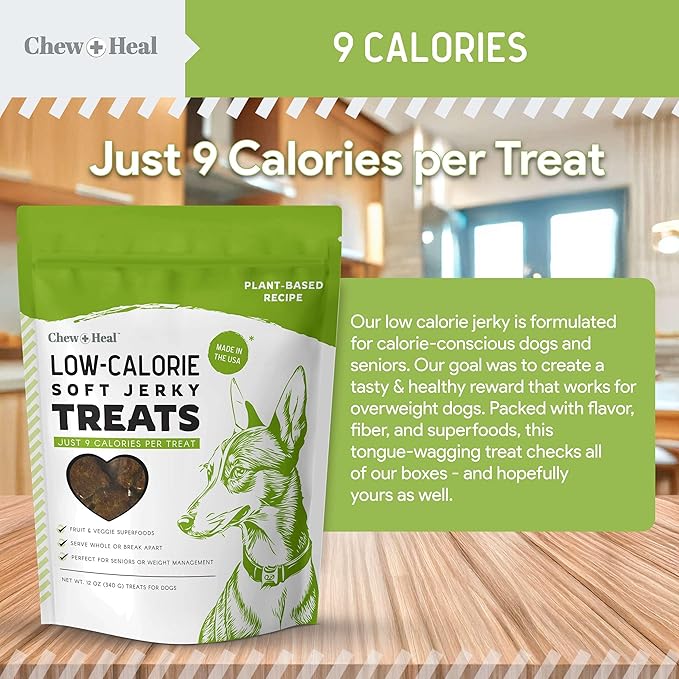 Chew + Heal Labs Low Calorie Dog Jerky Treats - 5 oz of Vegan Plant Based Natural Dog Treats with Chia Seeds, Fruits, and Vegetables - Good for Weight Management - Made in The USA