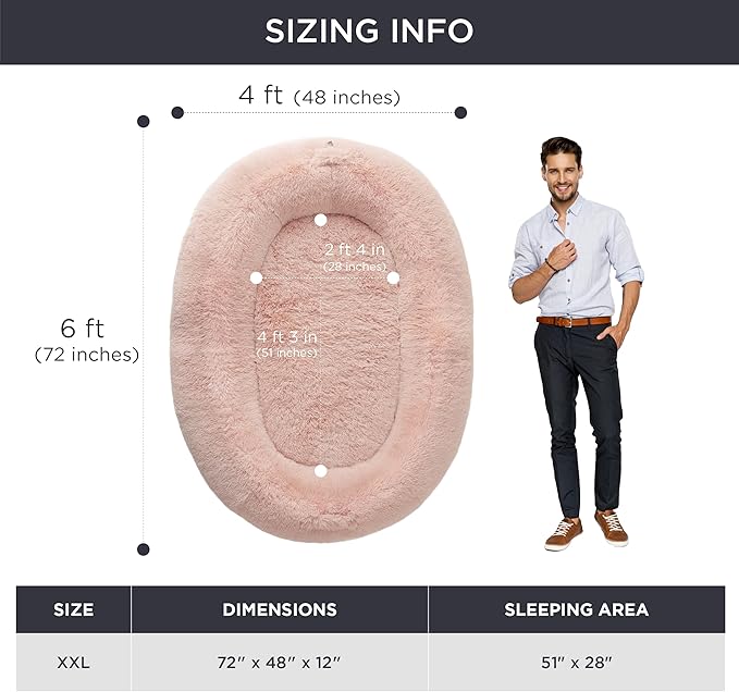 Bedsure Memory Foam Human Dog Bed, 72"x48"x12" Calming Giant Human Dog Bed for Adults People Fits Pet Families with Storage Pocket, Fluffy Faux Fur Orthopedic Dog Bean Bed, Pink