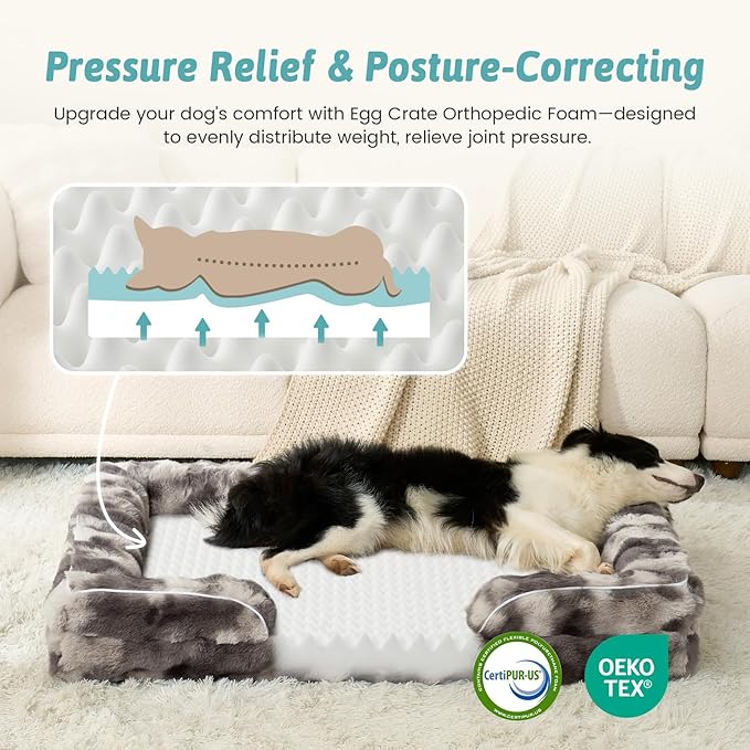 Orthopedic Dog Bed for Extra Large Dog, Faux Fur Giant Pet Sofa, Big Foam Bolster Couch with Waterproof Lining Cover, Soft, Warm, Washable, C-Shaped, XXL 48x35x8 inch, Tie-dye Grey
