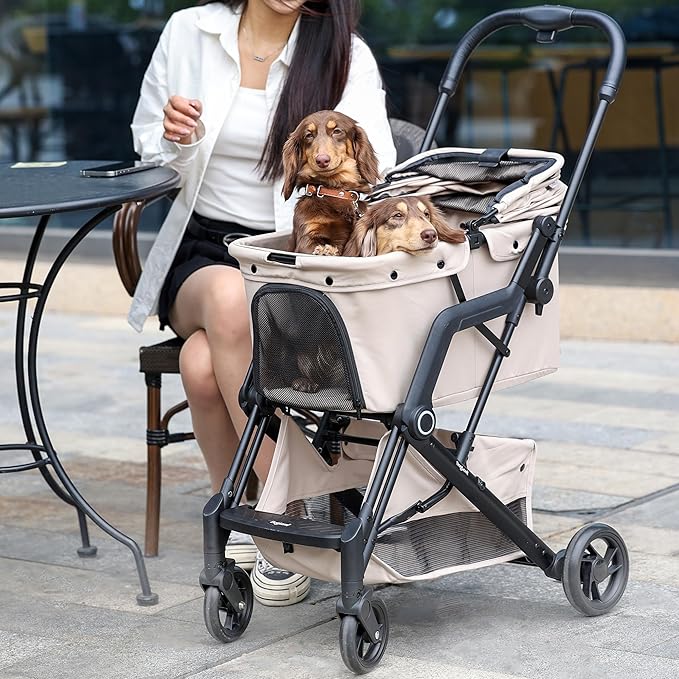 Dog Cat Strollers, Suitable for Dogs and Cats Weighing No More Than 66 Pounds, Foldable 4 Wheels Pet Stroller, Travel Small Dog Pet Stroller with 4 Wheels (Beige)