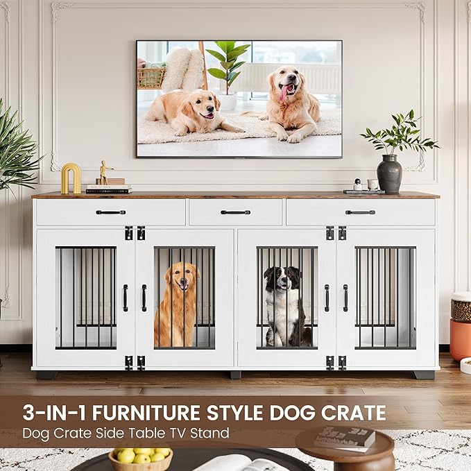 71 in Large Dog Crate Furniture for 2 Dogs with 3 Drawers, Heavy Duty Double Indoor Dog Kennel and TV Stand for Medium Large Dogs, Brown & White