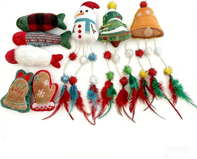 GXFCODA Catnip Toys for Cats 8 Packs Christmas Theme Plush Toys (Snowman, Fish, Mittens and Colorful Feathers) Soft and Durable Interactive Cat Toys for Indoor Cats