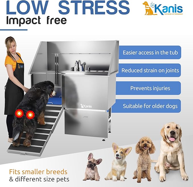 KANIS - 50" Professional Stainless Steel Dog Bathing Station, Left RAMP + 49" Professional Electric Dog Grooming Table, Black