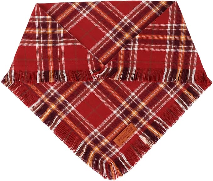 PTDECOR Fall Dog Bandanas with Tassels Edges, Orange and Brown Plaid Scarf Bib, Halloween Thanksgiving Autumn Pet Bandana, Reversible Triangle Bandanas for Extra Large Dogs (X-Large)