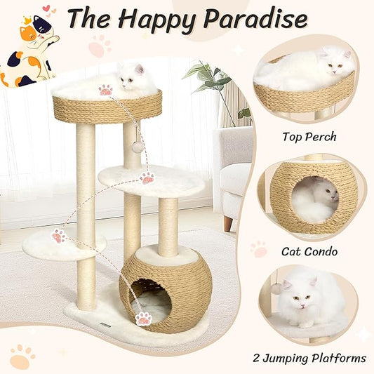 KAMABOKO Modern Cat Tree, 39" Tall Cat Trees for Indoor Cats, Cat Condo Natural Sisal with Scratching Posts, Hand-Woven Tower & Top Perch, Cat-Tree for Kittens Climb Play & Rest Black