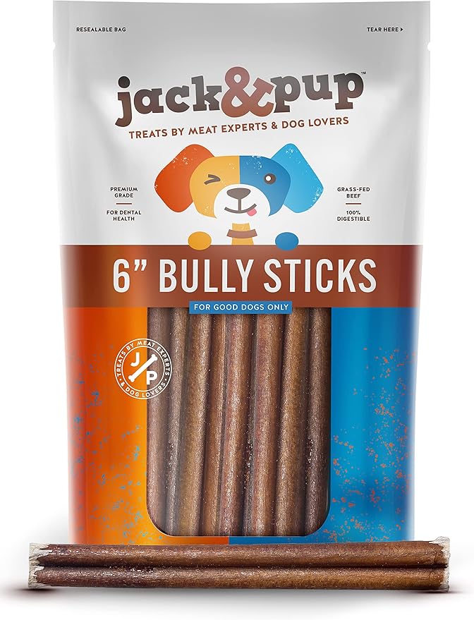 Jack&Pup 6 Inch Standard Bully Sticks for Small and Medium Dogs (7 Pack) Single Ingredient Dog Chew Bully Stick