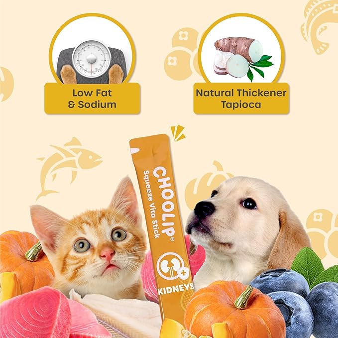 Choolip Squeeze Vita Stick Lickable Cat and Dog Treats – 49-Count Kidney Support Sticks with Multivitamins, Soft Squeezable Paste for All Life Stages, Supporting Kidney Health - Box with 7 Pouches