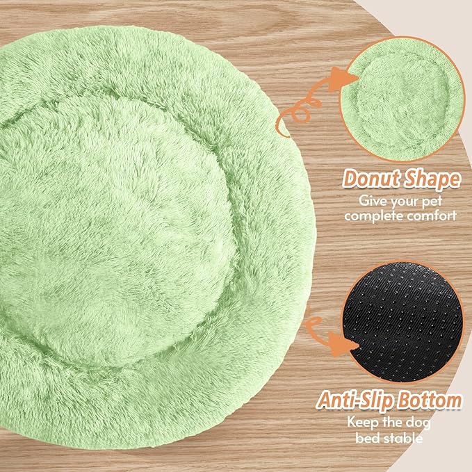 JOLLYVOGUE Small Dog & Cat Beds for Indoor Cats, Donut Cuddler Warming Soft Dog Beds with Anti-Slip Bottom, Round Calming Fluffy Plush Faux Fur Cushion Bed for Small Dogs (23", Light Green)