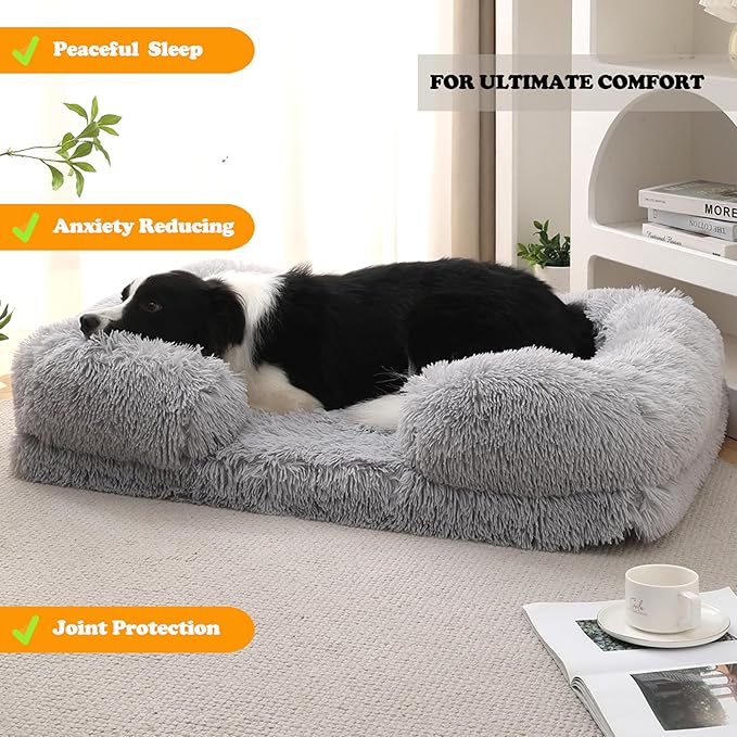 Orthopedic Dog Bed for Large Dogs - Washable Memory Foam Pet Sofa, Fluffy Plush Rectangular Bed, Waterproof Anti-Anxiety Couch, Light Gray, L
