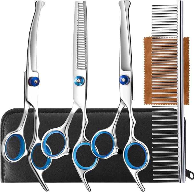 5 in 1 Upgraded Thicken Dog Grooming Scissors, Professional Dog Scissors for Grooming with Safety Round Tips, Lengnoyp Stainless Steel Thinning Shears, Pet Cat Shears for Grooming Kit