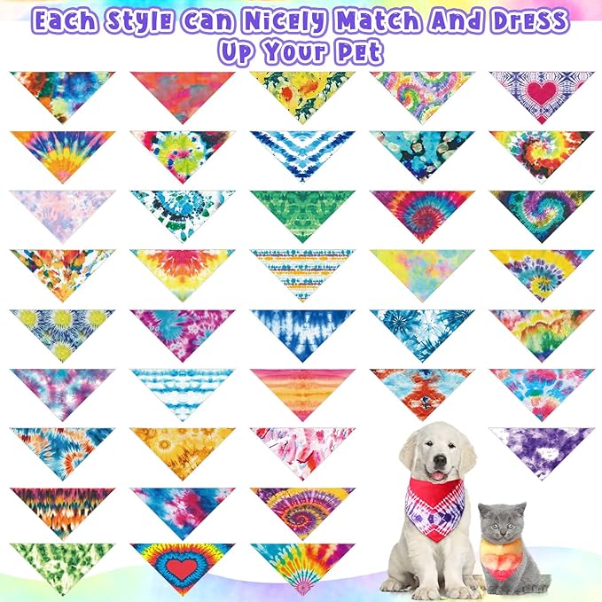 Amylove 120 Pcs Christmas Dog Bandanas Bulk Thanksgiving Day Holiday Triangle Dog Pack Puppy Kerchief Bandana Adjustable Pet Scarf for Pet Cat Costume Accessories Decor(Tie Dye)