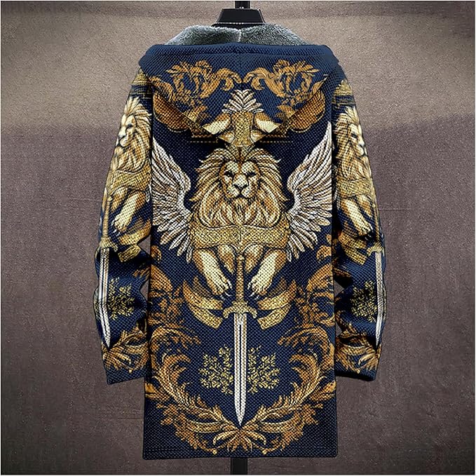 MARSVOVO Cool Hippie Long Cardigan Hoodies for Men Zipper Fleece Lined Knit Coat Skull Animal Print Graphic Jackets