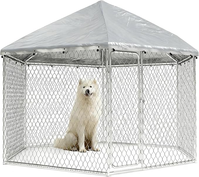 6.8x6.8 FT Outdoor Dog Kennel Outside Heavy Duty Dog Enclosure with Waterproof Cover and Security Lock, Galvanized Wire Mesh Hexagonal Large Dog Kennel(81x81x95.3IN)