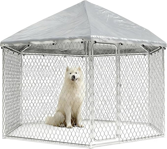 6.8x6.8 FT Outdoor Dog Kennel Outside Heavy Duty Dog Enclosure with Waterproof Cover and Security Lock, Galvanized Wire Mesh Hexagonal Large Dog Kennel(81x81x95.3IN)