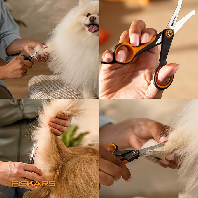 Fiskars Pet Detailing Scissors, Dog & Cat Grooming Scissors, Rounded Tips & SoftGrip Handle for Delicate Areas, 5.5”, Orange/Black
