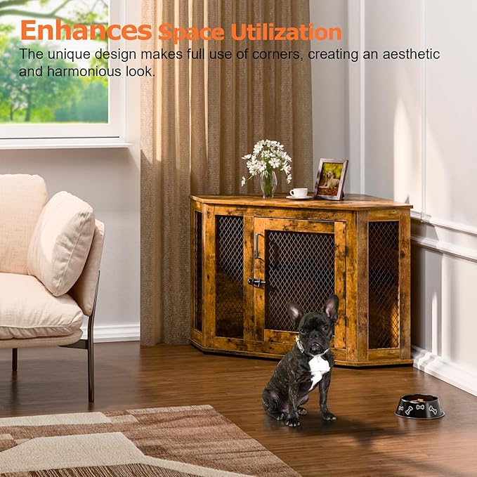 Corner Dog Crate Furniture, 44" Wooden Dog Kennel Furniture End Table with Mesh, Dog Kennel Indoor Furniture for Small Medium Dogs, Modern Decorative Wood Pet House Dog Cage Crate, Brown