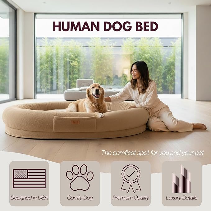 Human Dog Bed for Adults & Pets – Extra Large Cozy Lounger with Ultra-Soft Plush Fabric, Premium Egg Crate Foam & Removable Washable Cover – Oversized Pet Bed for Relaxation & Bonding (Brown & Beige)