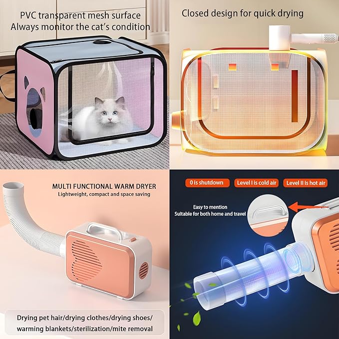 Pet Dryer with Pet Dryer Box 108L and Pad, Hands-Free, Ventilation and Circulation, Anti Hair Flying, Foldable Low Noise ldeal for Drying Cat and Dog Hair