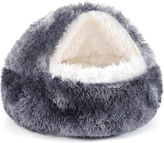 NOYAL Round Hooded Donut Dog Bed for Small & Medium Pets - Plush Fluffy Anti-Anxiety Cat Cave Bed with Cover
