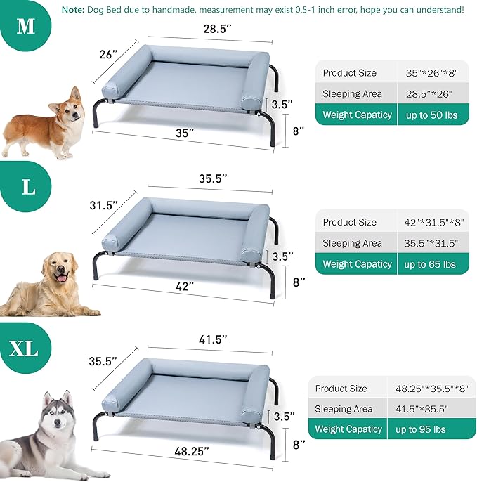 Cooling Elevated Dog Bed with Pillows,Portable Washable Raised Dog Cot with Chew Proof Mesh and Metal Frame,No-Slip Rubber Feet for Indoor & Outdoor Use,Large,Gray