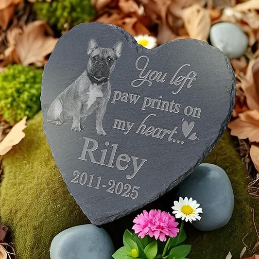 Pet Memorial Stone with Photo, Dog Memorial Gifts for Loss of Dog, Personalized Pet Memorial Gifts, Pet Loss Gift - Paw Prints On My Heart（Heart）
