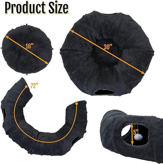 R1M Cat Tunnel Bed for Indoor Cats, Cute Cat Donut Tunnel Toys for Small, Larger Cats with Two Fish Cat Toys, Round Pet Peekaboo Cave Toy for Kitten, Dark Grey