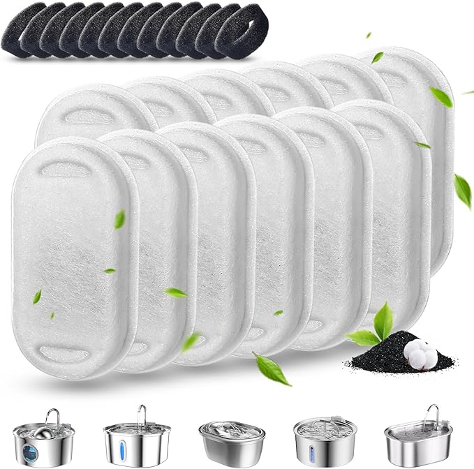 Cat Water Fountain Filters, 24 Pack Cat Fountain Filter Replacement for 67oz/2L & 108oz/3.2L Stainless Steel Pet Water Fountain, 12 Pack Pet Replacement Filters with 12 Sponges