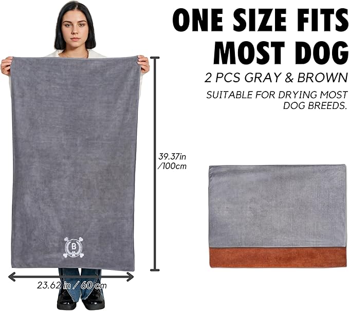InnoBeta Personalized Dog Towels for Drying Dogs - Pack of 2 - Super Absorbent Soft Microfiber Pet Bath Grooming Towel for Dogs, Monogrammed Initial for Dogs (40 X 23.6 Inches, Grey and Brown) - T