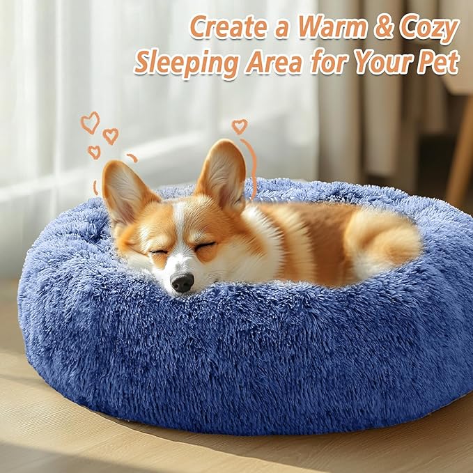JOLLYVOGUE Small Dog & Cat Beds for Indoor Cats, Donut Cuddler Warming Soft Dog Beds with Anti-Slip Bottom, Round Calming Fluffy Plush Faux Fur Cushion Bed for Small Dogs (20", Navy Blue)