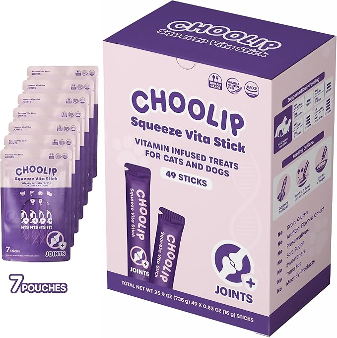 Choolip Squeeze Vita Stick Lickable Cat and Dog Treats – 49-Count Joint Support Sticks with Multivitamins, Soft Squeezable Paste for All Life Stages, Supporting Joint Health - Box with 7 Pouches