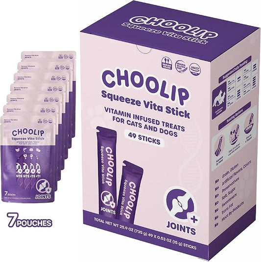 Choolip Squeeze Vita Stick Lickable Cat and Dog Treats – 49-Count Joint Support Sticks with Multivitamins, Soft Squeezable Paste for All Life Stages, Supporting Joint Health - Box with 7 Pouches