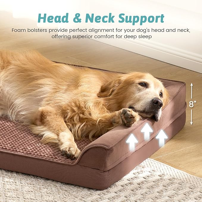 Dog Beds for Extra Large Dog, XXL Bolster Pet Couch with Waterproof Lining, Egg Crate Foam Sofa for Pets Up to 150 lbs, U-Shaped, 48x35x8 inch, Brown